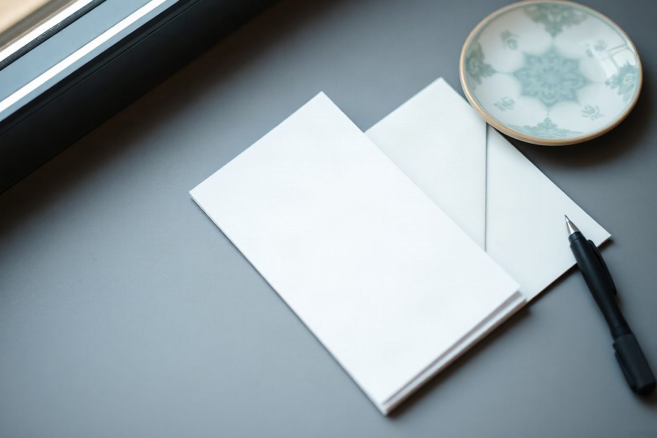 Mesa de escritório com bloco de notas em branco, envelope selado e um pequeno prato de azulejo, sob luz natural suave