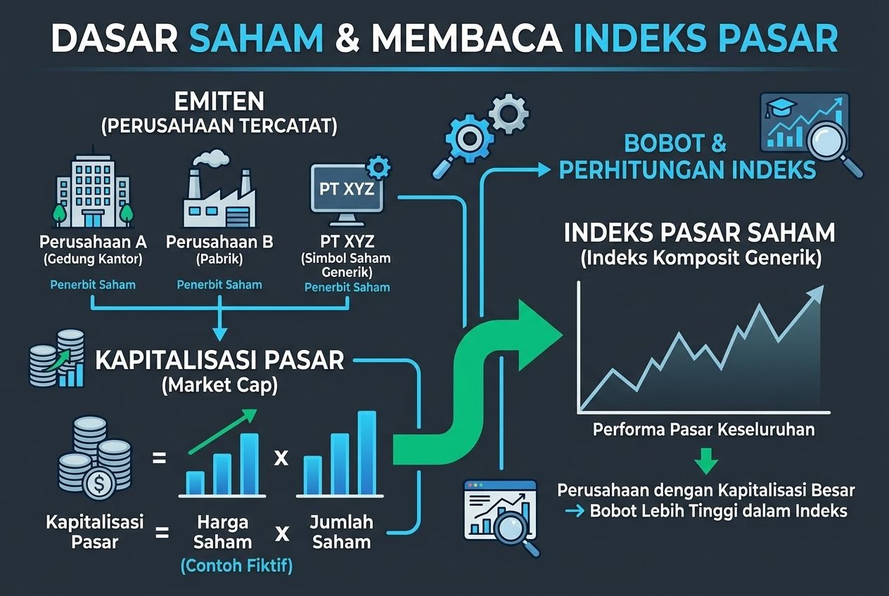 Papan informasi yang menjelaskan komponen indeks pasar saham