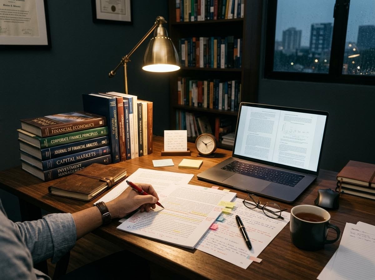 Meja redaksi jurnal keuangan dengan buku referensi dan catatan